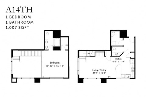 Floor plan for 1 bed, 1.5 baths, 1007 sqft